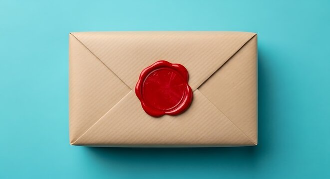 A Classic Kraft Paper Envelope Sealed With Red Wax Is Photographed From Above Against A Teal Blue Background For A Sophisticated And Elegant Presentation Of Correspondence And Important Documents