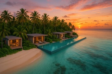 Obraz premium Overwater Resort in Tropical Paradise with Stunning Sunset View