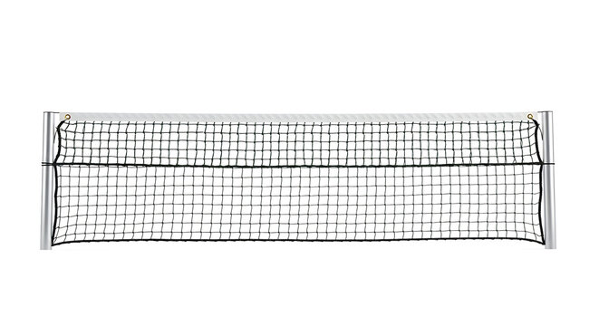 A centered image of a black tennis net with a silver frame on a plain white background in a studio shot ai generated