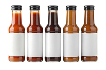Five glass bottles filled with sauces and condiments feature blank white labels for custom branding and product promotion