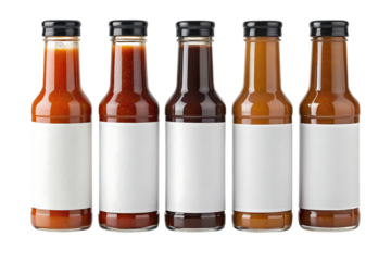 Five glass bottles filled with sauces and condiments feature blank white labels for custom branding and product promotion