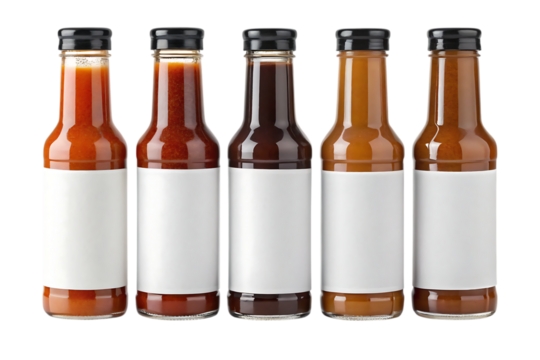 Five glass bottles filled with sauces and condiments feature blank white labels for custom branding and product promotion