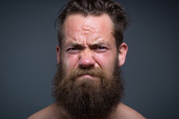 Obraz premium Displeased Man with Bad Beard Emphasizing Unpleasant Smell: A Gloomy Expression and Negative Vibes
