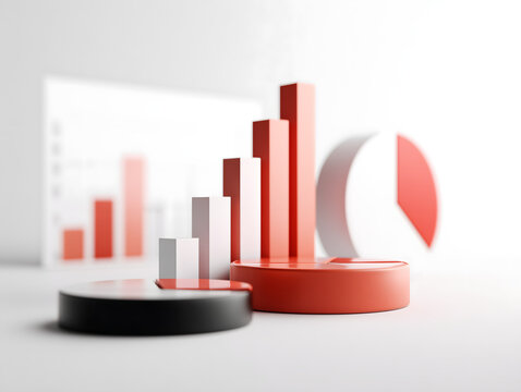 3D pie and bar charts in red, black, and white tones represent statistical data, business analysis, or financial growth visualization in a clean modern style.
