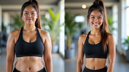 Young woman showing visible face and body slimming after weight loss program in activewear