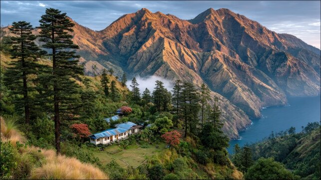 Mountain village nestled in valley, colorful houses, pine trees, dramatic sunrise