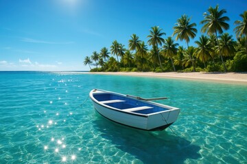 Naklejka premium Tropical Island with Blue Sea and Minimal Boat in Serene Ocean