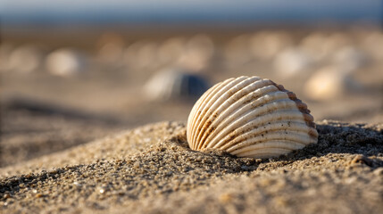 Close up of a ribbed seashell resting on a sandy beach at sunset