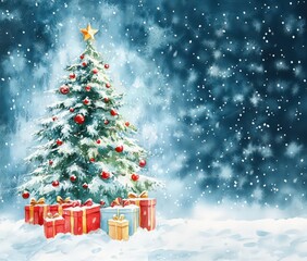 Beautiful snow-covered Christmas watercolor tree with gifts