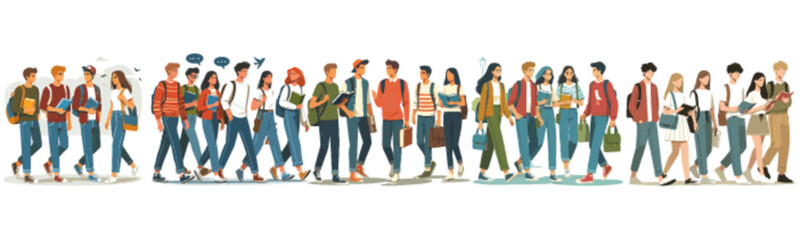 Obraz premium A large group of diverse students walking together, carrying books and bags.
