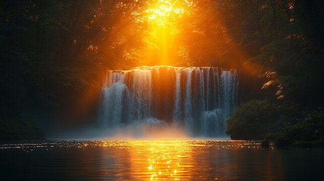 Golden waterfall in lush forest - Powered by Adobe
