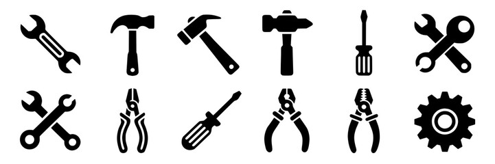 Essential Tool Icons: Black & White Vector Graphics for DIY, Mechanics, and Tech Projects