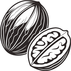 Black and white illustration of a whole and halved nutmeg spice seed