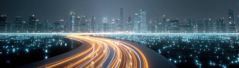 Futuristic cityscape illuminated by vibrant technological advancements at night