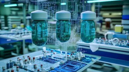 Modern laboratory, futuristic technology, hanging containers, circuit diagrams, integrated circuit boards