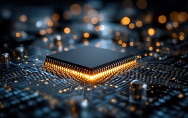 Glowing microprocessor illuminated on dark blue circuit board showcasing digital pathways of artificial intelligence