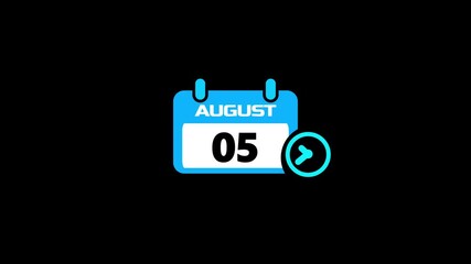 05 august month calendar with time symbol animation change of time month.Abstract calendar icon - day 05 animation. Clock icon lime animation background.