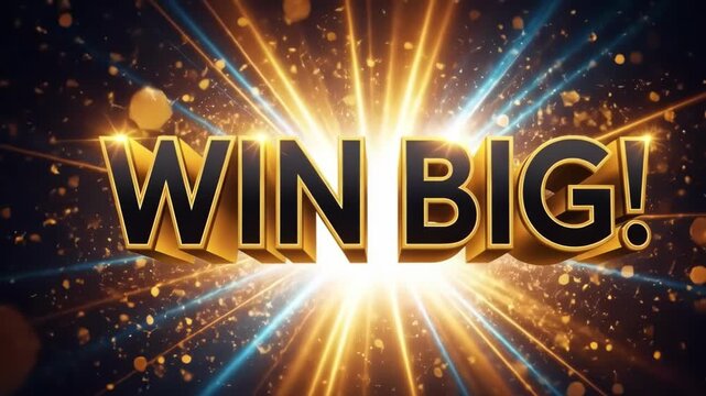 The words win big glow brightly with a background of exploding lights and sparkles