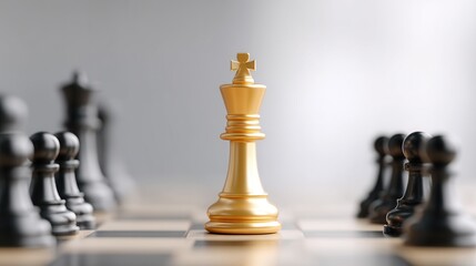 Innovative corporate strategies represented by a golden chess king among black pieces on a chessboard