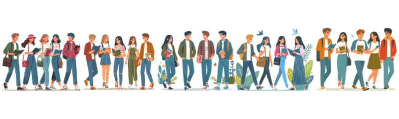 Obraz premium Diverse group of young adults, casually dressed, carrying books and bags, walking together.