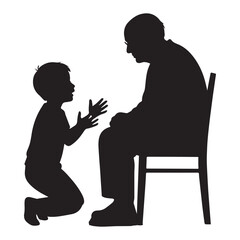 Silhouette of Child Kneeling and Talking to Elderly Man Sitting on Chair


