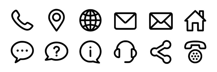 12 Essential Black Line Contact Icons: Modern UI Kit for Websites & Apps