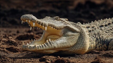 Fototapeta premium Large crocodile basks under the sun on a muddy terrain, showcasing powerful jaws and scales.
