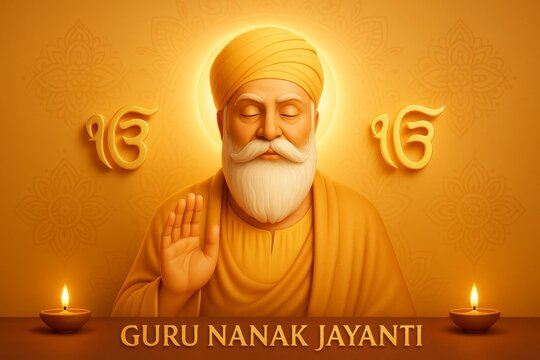 Guru nanak dev ji meditating, hand raised in blessing, ek onkar symbol glowing near illuminated diyas during guru nanak jayanti celebration