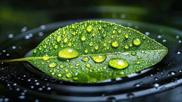 Water droplets on a green leaf