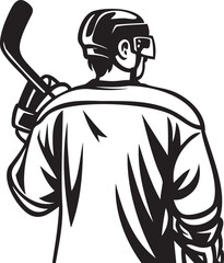 A hockey player in uniform, holding a stick, viewed from the back, ready to play.