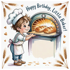 Whimsical Watercolor Illustration of Young Boy Baker Peering into Vintage Oven