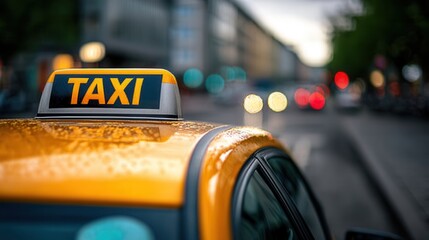 Yellow taxi sign on a cab parked in Berlin during twilight