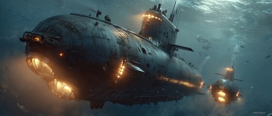 3D cartoon Indian submarines underwater, India vs Pakistan conflict theme