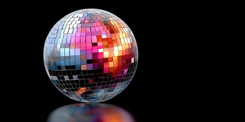 Bright disco ball reflects vibrant colors in dark setting