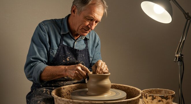 Mature potter shaping clay on a spinning wheel under warm studio lighting carefully crafting