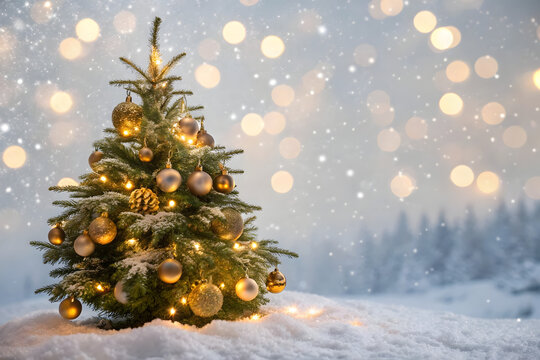 AI-Generated Snowy Outdoor Christmas Tree Decorated with Lights and Golden Ornaments in Winter Landscape