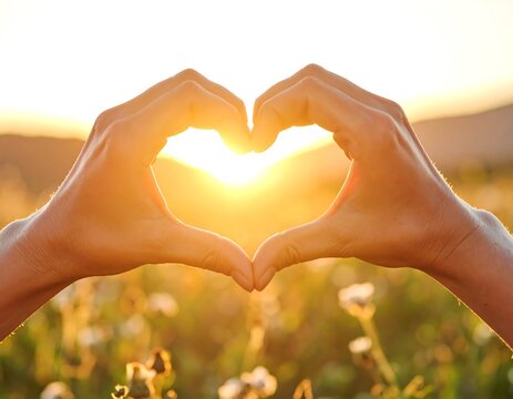 Hands forming heart shape, sunset