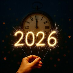 Festive image of glowing 2026 made from sparklers held in hand, with vintage clock in background. Symbol of New Year celebration. Perfect for holiday designs, greetings, and seasonal content.