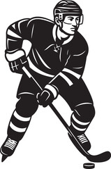 Ice hockey player in action, skating, stickhandling, puck control.