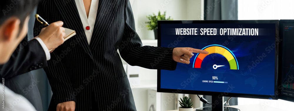 Poster computer software evaluating website loading speed. concept of improving website loading speed brisk