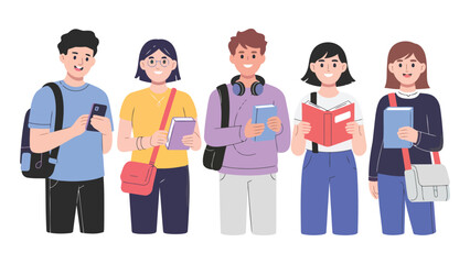 Obraz premium College Student Together: A diverse group of college students, brimming with excitement, stand together in an illustrated scene, ready to tackle their academic journey.