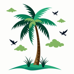 Palm tree with birds flying around