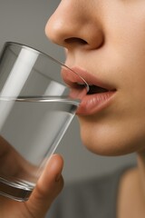 Woman Drinking Clear Water from Glass Close to Her Mouth Quenching Thirst