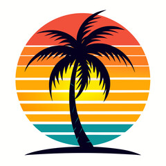 Vintage Sunset themed palm tree with silhouette