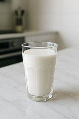Glass of Fresh Milk on a Marble Countertop in a Kitchen Setting