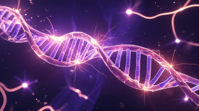 Futuristic glowing DNA helix and neural connection on digital background representing genetic engineering, biology, biotechnology, microbiology, neuroscience, and artificial intelligence concepts.