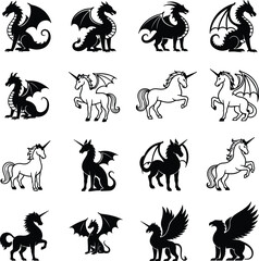 Silhouette Dragons unicorns set of fantasy creatures vector illustrator