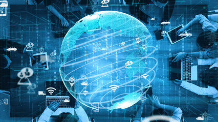 Innovative workspace showcasing diverse individuals collaborating with technology symbols above a digital globe, representing global connectivity in modern business. Xenic