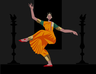 Obraz premium A graceful Indian woman performs Bharatanatyam, one of the oldest and most revered classical dance forms of South India. She wears a vibrant traditional costume.