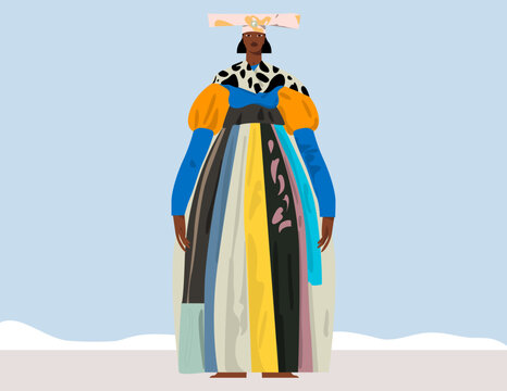 A Herero woman stands with elegance and pride, dressed in the striking and symbolic traditional attire of the Herero people of Namibia. 